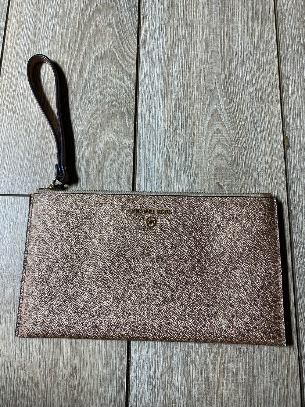 Michael Kors Saffiano Metallic Rose Gold Flat Wristlet Clutch Pouch